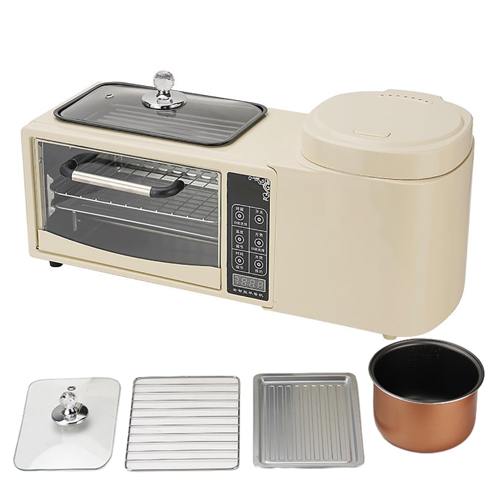 Frühstücksmaschine Multifunktions 4-in-1 8l 2-lagig Backofen Plus 1l Elektrischer Dampfer Plus Elektrische Bratpfanne, 2 Schichten Unabhängige Temperaturregelung, Touchscreen Design