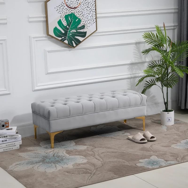 Image of Modern Velvet Tufted Ottoman Upholstered | Upholstered Long Ottoman for Bedroom, Living Room, Entryway & End of Bed Seating | Luxury Accent Furniture, Padded Cushion Seat| Grey