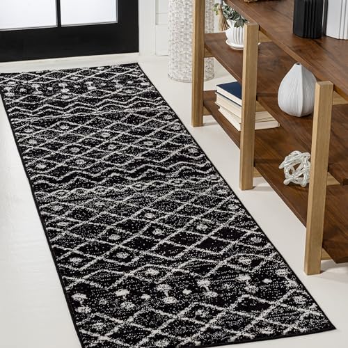 Image of JONATHAN Y Aksil Moroccan Beni Souk Black /Cream Runner Rug, 2x8, Bohemian, Scandinavian, Easy-Cleaning for Living Room, Bedroom, Kitchen, Pet Friendly, Non-Shedding (MOH208E-28)
