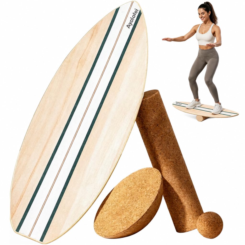 Balance Board Trainer for Surf & Fitness, Wooden Balance Board for Adults, Balance Trainer with Cork Roller, Cork Hemisphere, and Rubber Ball, Balance Trainer with Non-Slip Surface Treatment