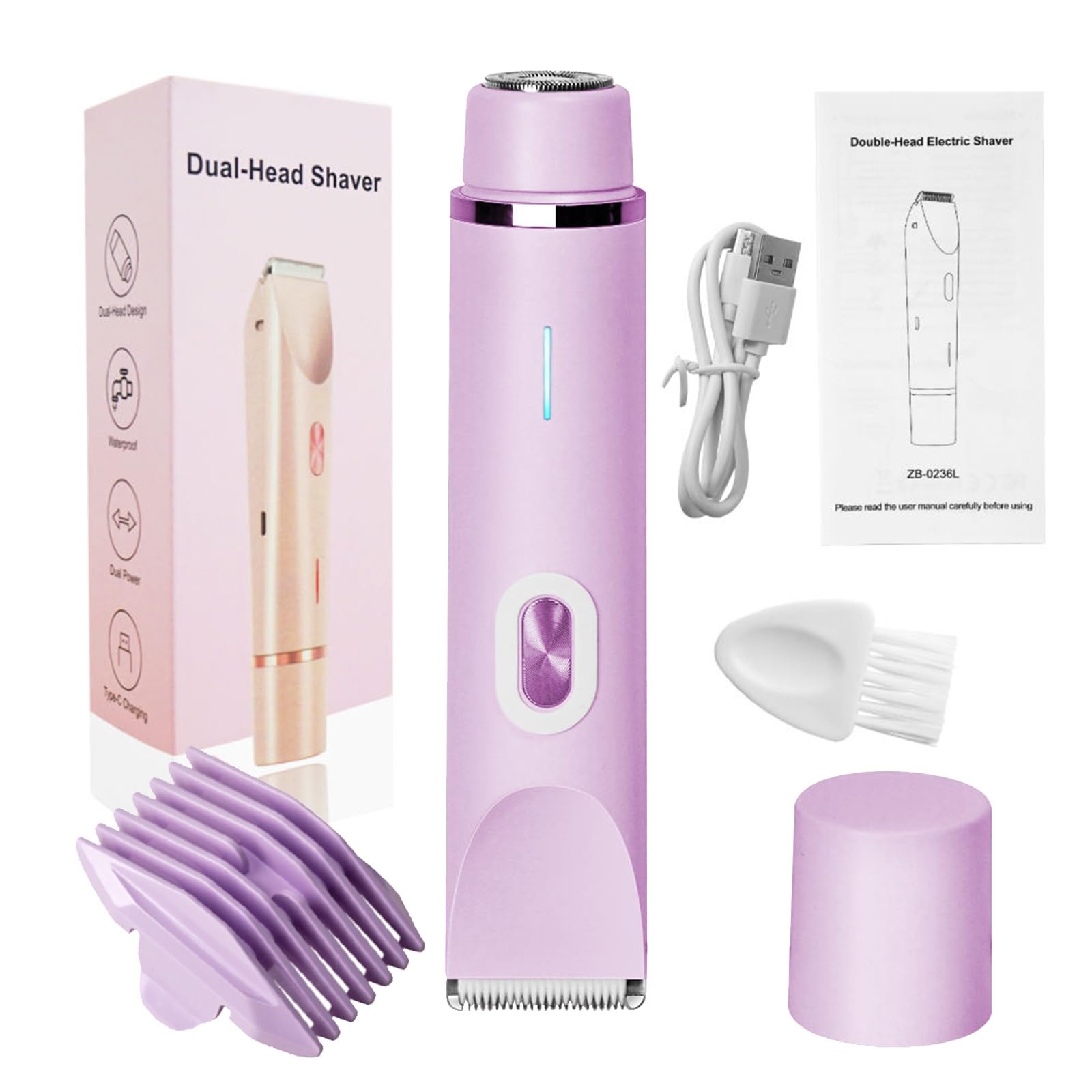 Rasoio Da Donna Klyne, Tagliacapelli Elettrico 2 in 1 Klyne Adatto a Pelli Sensibili, Tagliacapelli Da Bikini Da Donna, Ricarica USB, Impermeabile Ipx7, For Bikini, Gambe, Ascelle E Naso(Purple)