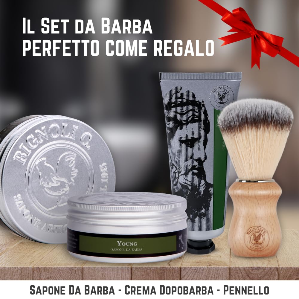 Bignoli Set Rasatura Tradizionale – Kit Barba Uomo - Sapone da Barba 175g + Crema Dopobarba 75ml + Pennello | Qualità Artigianale - Set Regalo Uomo (Young)