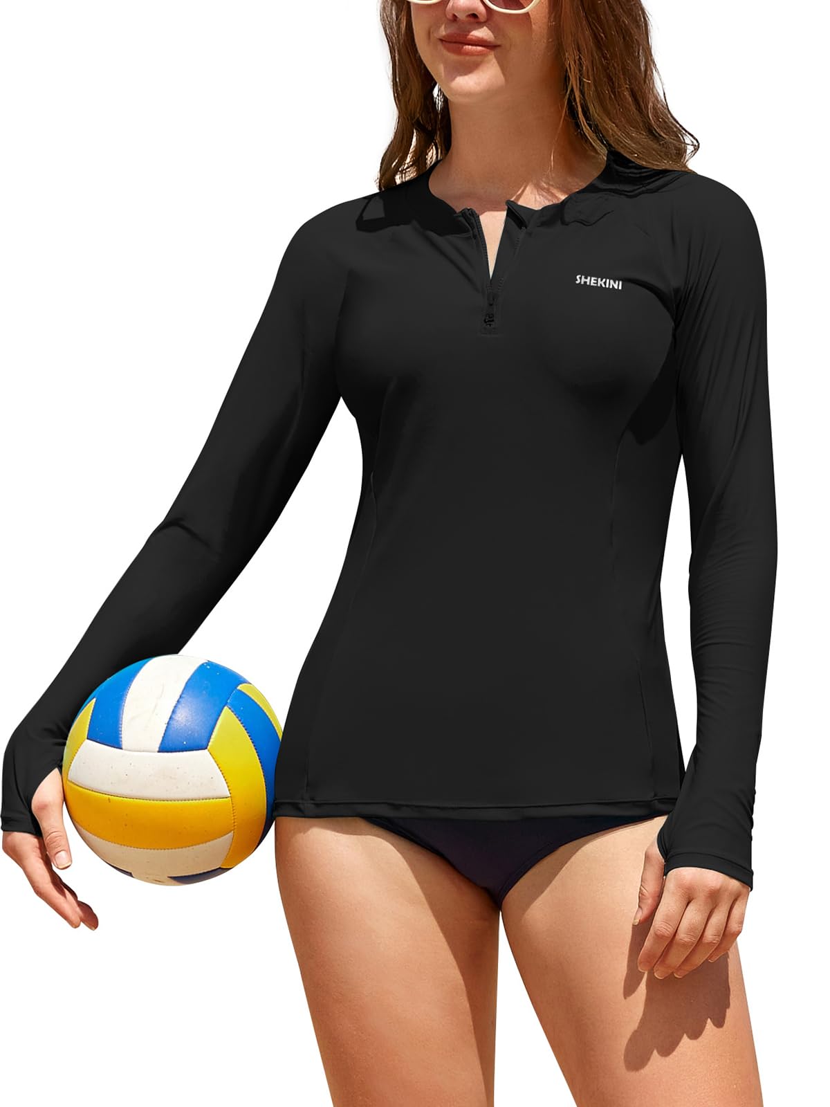 SHEKINI Haut de Maillot de Bain Femme à Manches Longues Tee Shirt Rashguard Demi-Fermeture Éclair Séchage Rapide Natation Surfing