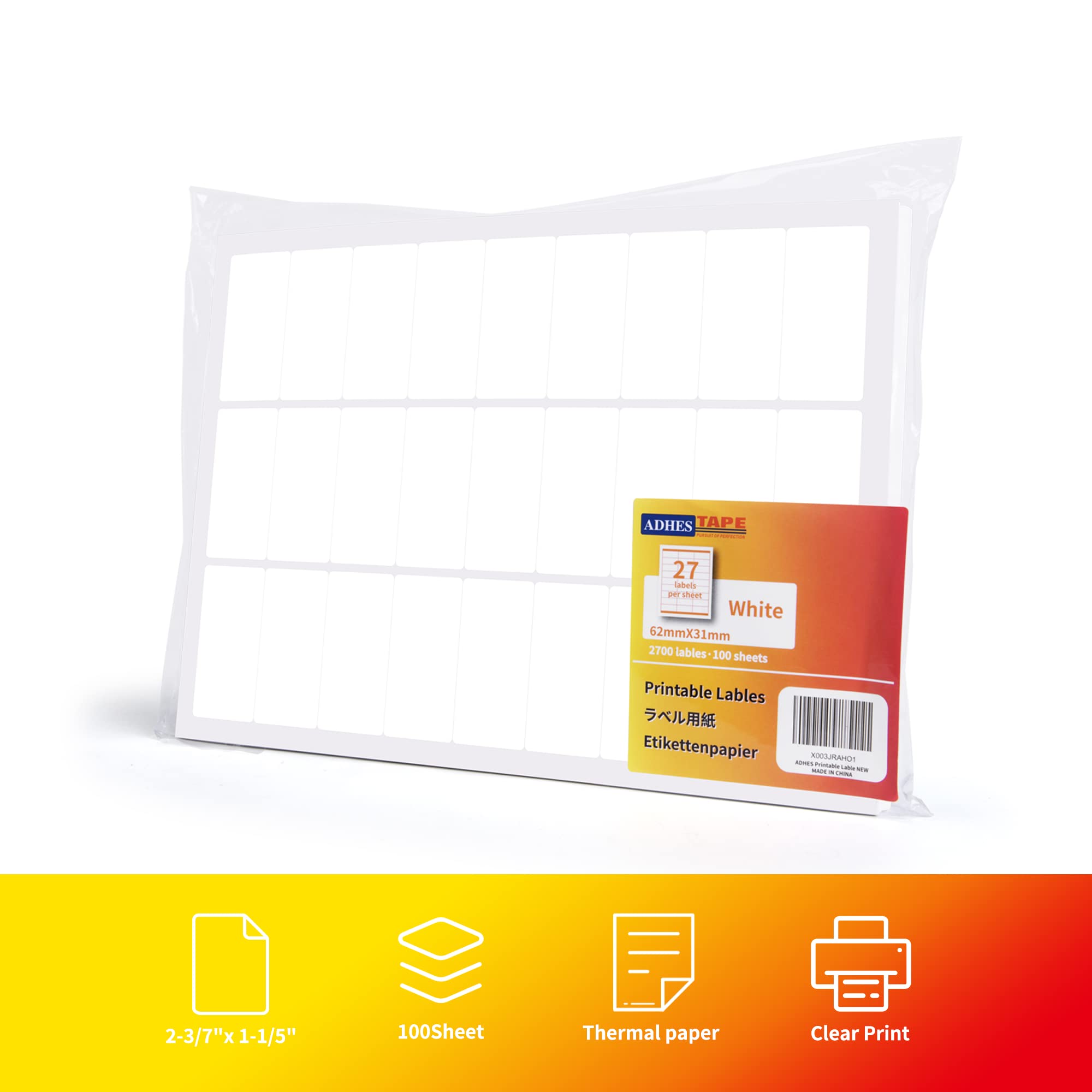ADHES 100 Feuilles, 27 étiquettes Par Feuille (62mm*31mm) Papier étiquettes Autocollantes Imprimable Blanc, éTanche étiquettes Thermiques, Compatibles Avec Rollo, Zebra, Inscriptible Autocollants