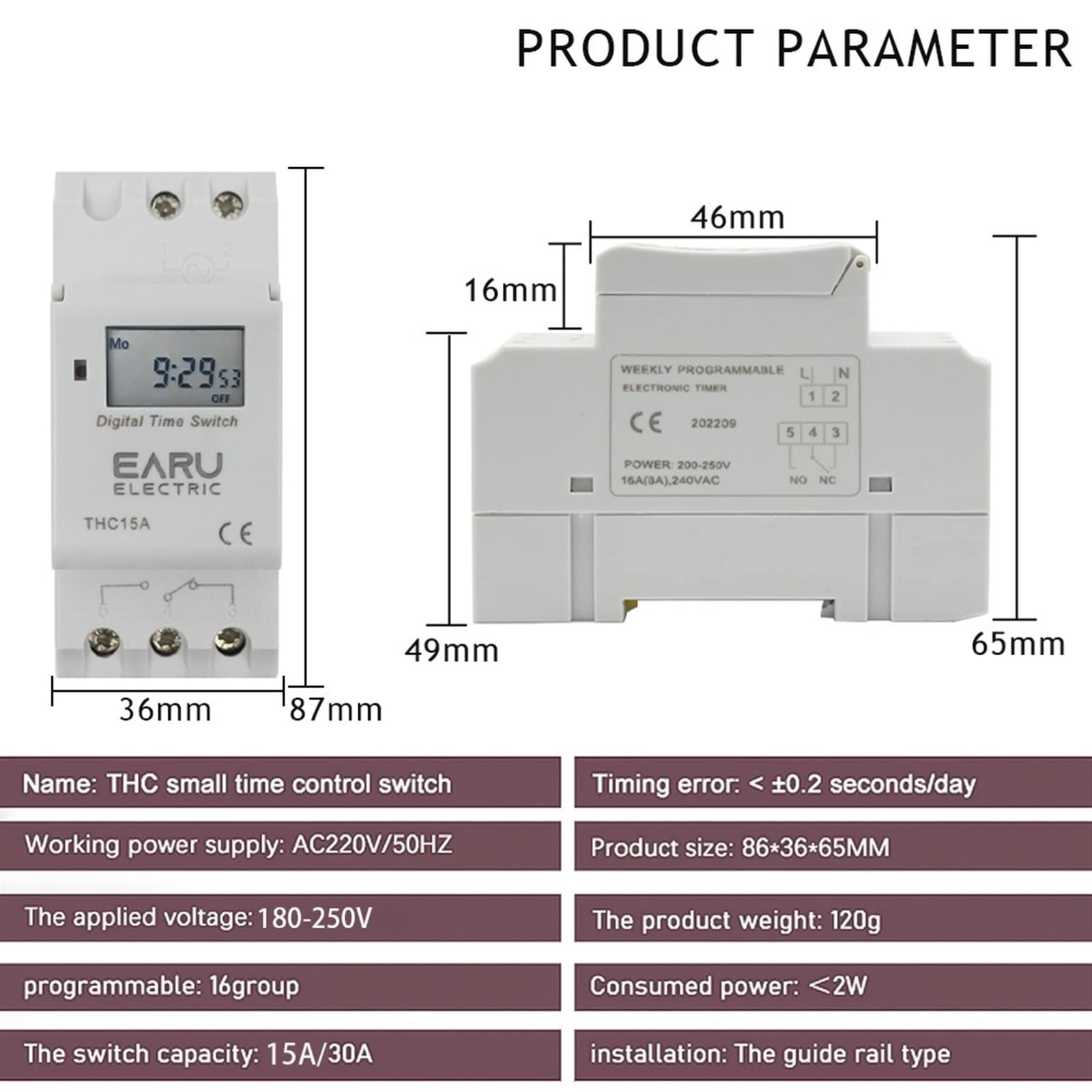 Temporizador de relé Digital programable THC de 15 A y 30 A for Montaje en riel DIN, 7 días, Control de CA 12 V, 24 V, 48 V, 110 V, 220 V y 230 V (50 Unidades)(30a,1NO 12V AC DC)