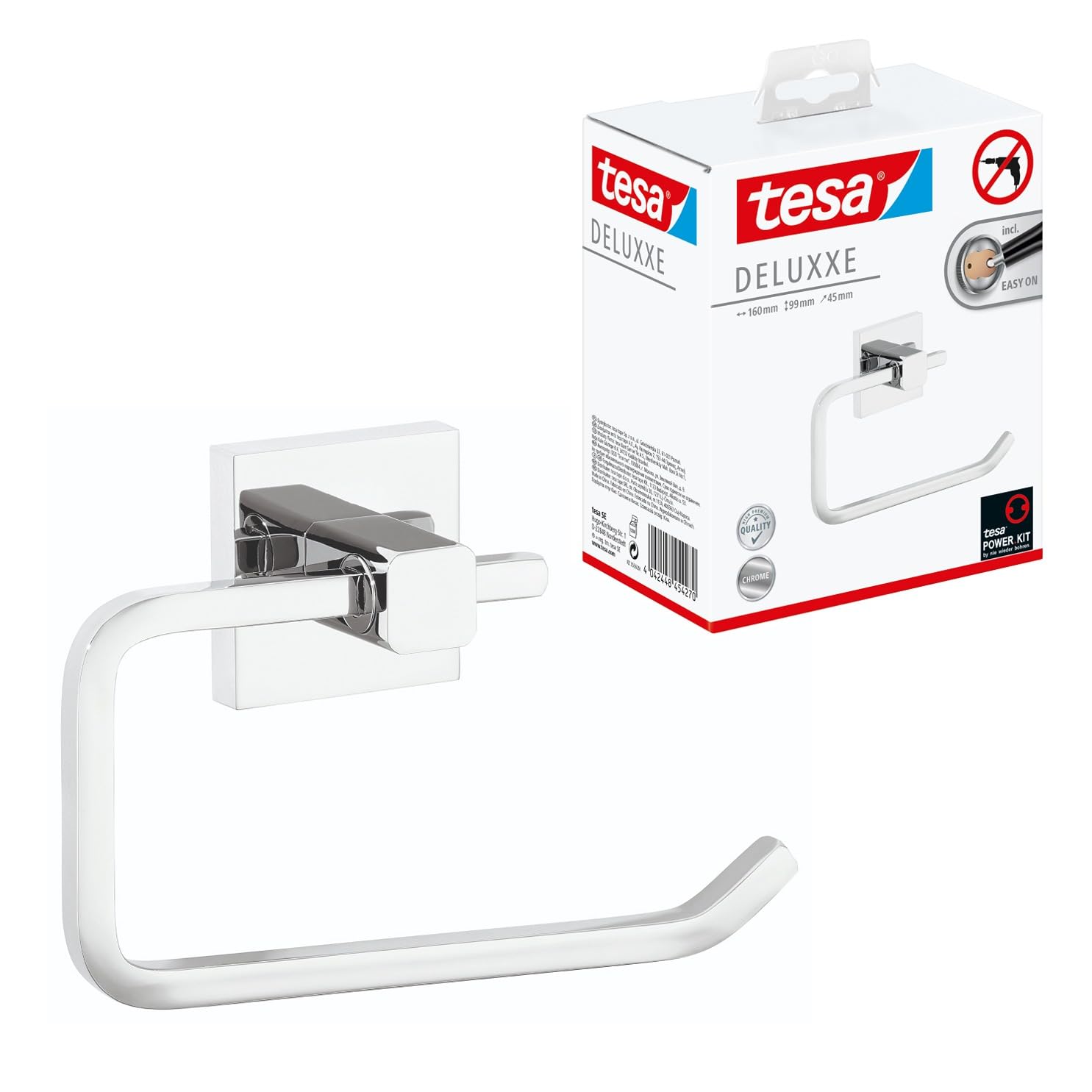 Tesa Deluxxe Portarotoli Carta Igienica con Ripiano, Autoadesivo, Cromato Lucido, Design Raffinato, Inox Assicurato, 99mm x 160mm x 139mm
