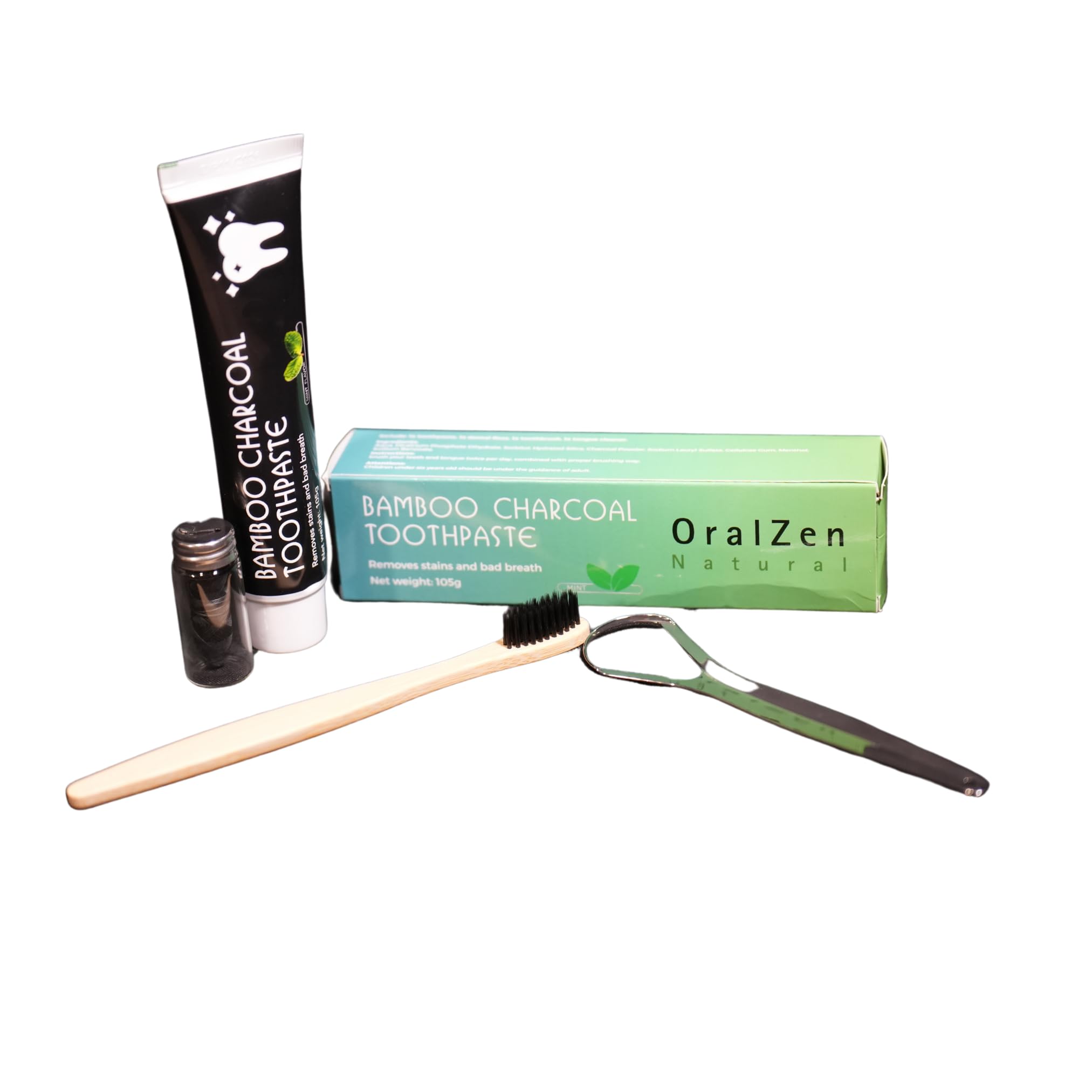 OralZen Total Dental Care Kit – Fluoride-Free Charcoal Toothpaste with Bentonite Clay, Bamboo Toothbrush, Stainless Steel Tongue Scraper & Dental Floss for Complete Oral Hygiene