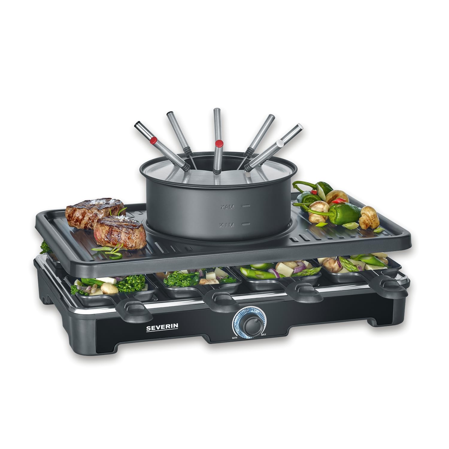 SEVERIN Raclette Grill e Fonduta 2in1, 1400W, 8 Padelline, 8 Spatole e 8 Forchette, Piastra Ceramica, Temperatura Regolabile, Cavo Lungo 195 cm, 42,0 x 28,0 x 12,0 cm, Nero - RG 2347