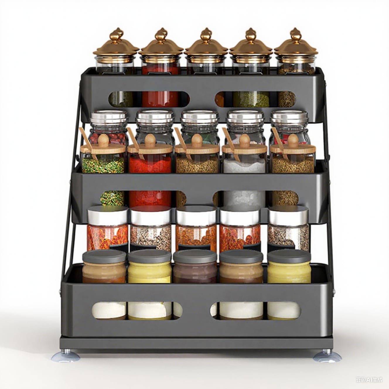 Bokelai Spice Rack, 3-Tier Foldable, Height Adjustable Storage Rack for Kitchen, Spice Organiser with Non-Slip Pads, Metal Spice Organiser for Cupboard and Worktop, Black