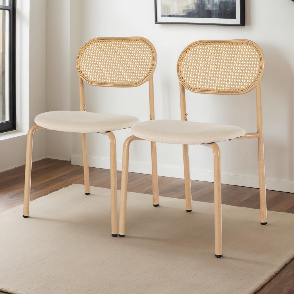 Juego de 2 sillas de comedor de ratán (47 x 50 x 80 cm, con respaldo de ratán, asiento acolchado, 4 patas regulables, sillas cómodas para salón, estilo bohemio, naturaleza