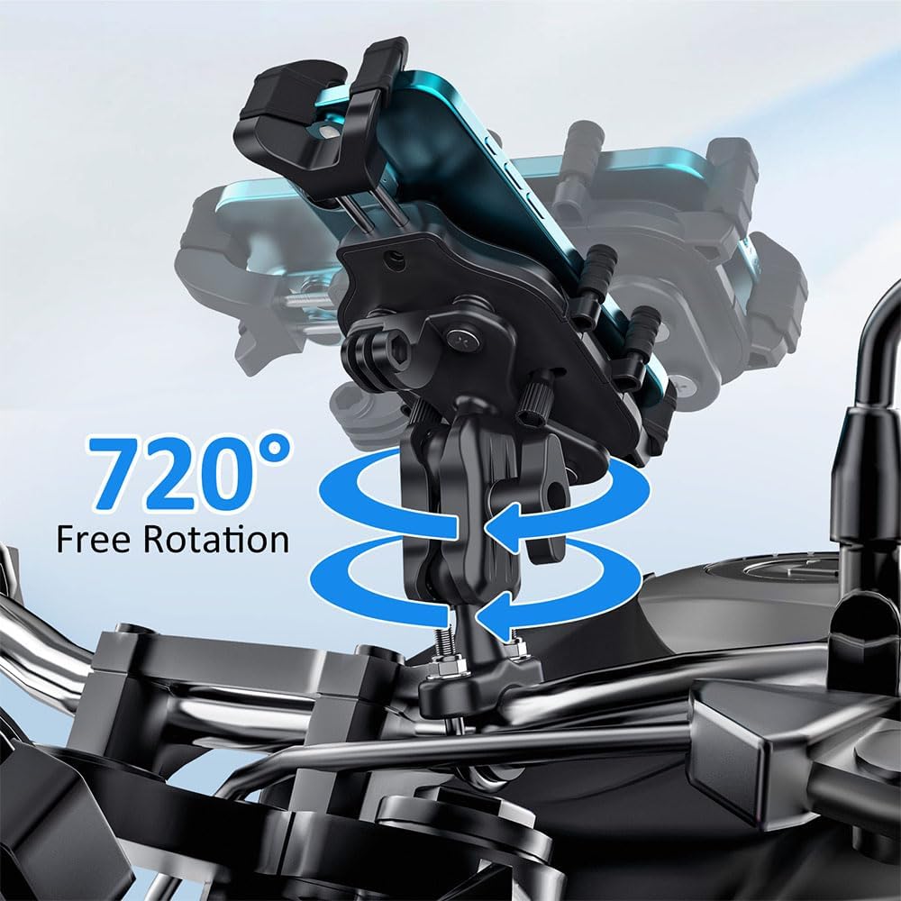 Motorcycle Phone Mount & Bike Phone Holder with 360 Rotatable Handlebar, 4 Shock Absorbers, Compatible with 5.0-7.2 Inch All Cell Phones
