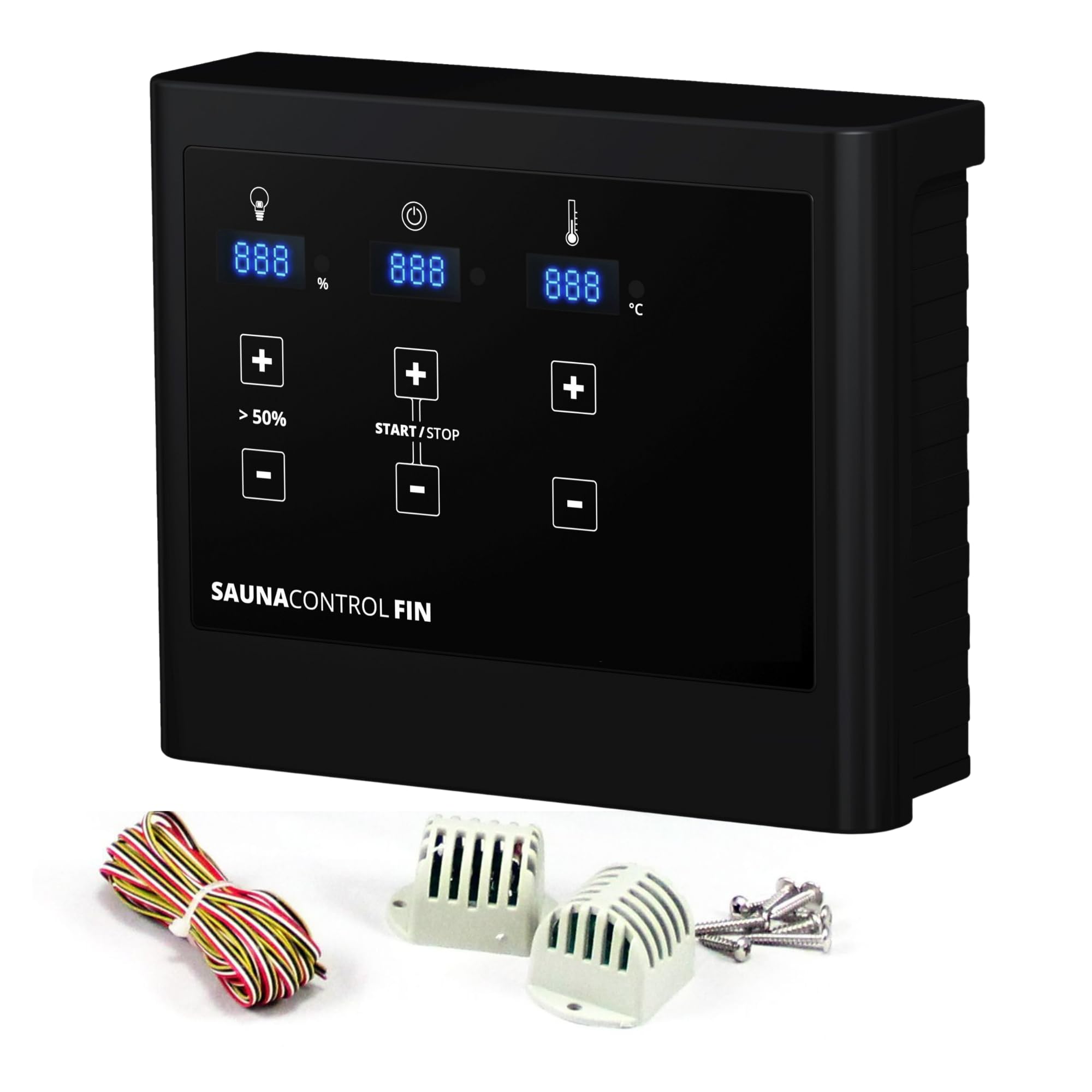 SULENO Saunasteuergerät Elektronisch finnisch, Digitale Saunasteuerung mit | Touch-Control, Temperaturregelung 10-100°C, für Saunaöfen 3,5-9 kW, Black Edition mit 2-Sensorentechnik