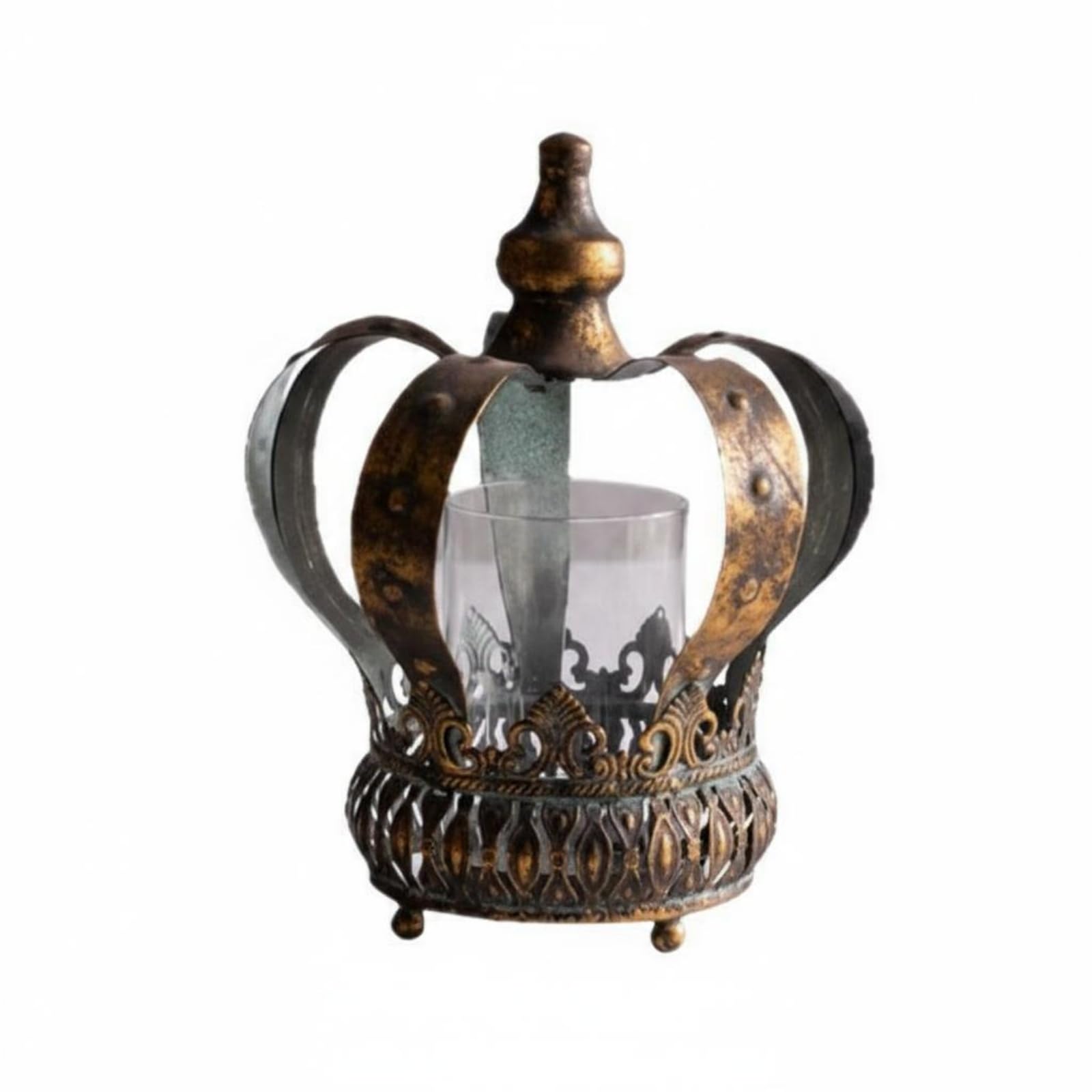 Crown Kerzenhalter Kronenleuchter Teelichthalter Tischleuchter Eisen Glas Einsatz Retro Charakter Antik Bronze mit Offenen Verzierungen Und en Füßen, Groß