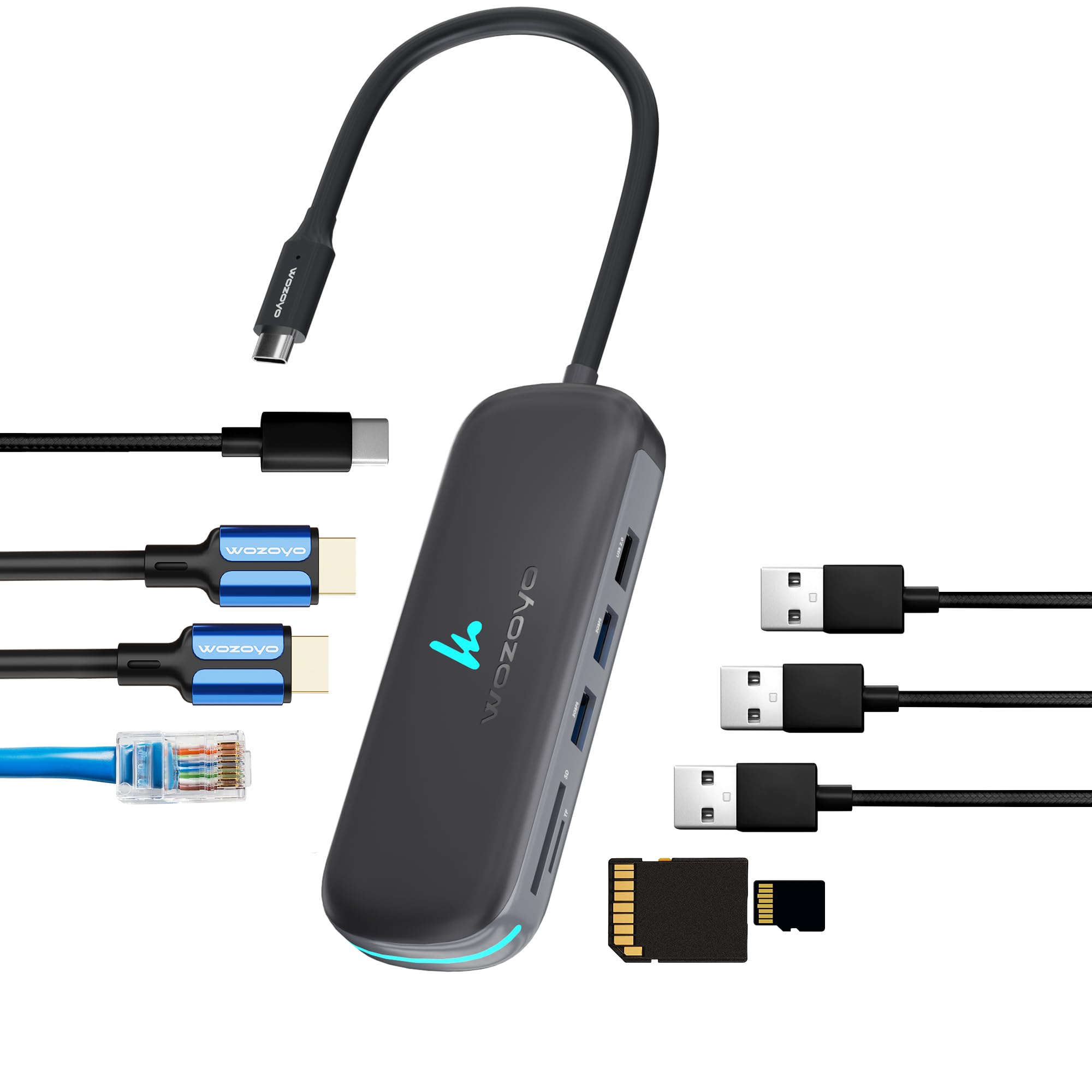 Wozoyo Type C 9 in 1 Wozoyo Docking Station with 2XUSB 5Gbps, 2X4K HDMI, Gigabit Ethernet, SD & TF Card Reader, PD 100W, USB 2.0, USB-C Hub, Compatible with Thunderbolt 4, macOS, Windows, Android & iOS