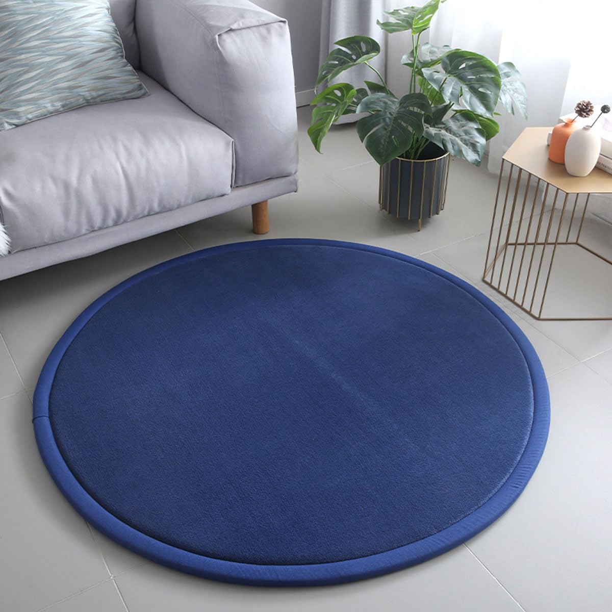 Dmkjdzsw Round Play Mat Carpet for Children Kids Room, Coral Velvet Crawling Mat for Nursery Baby, Thick 2cm- dark blue-∅120cm