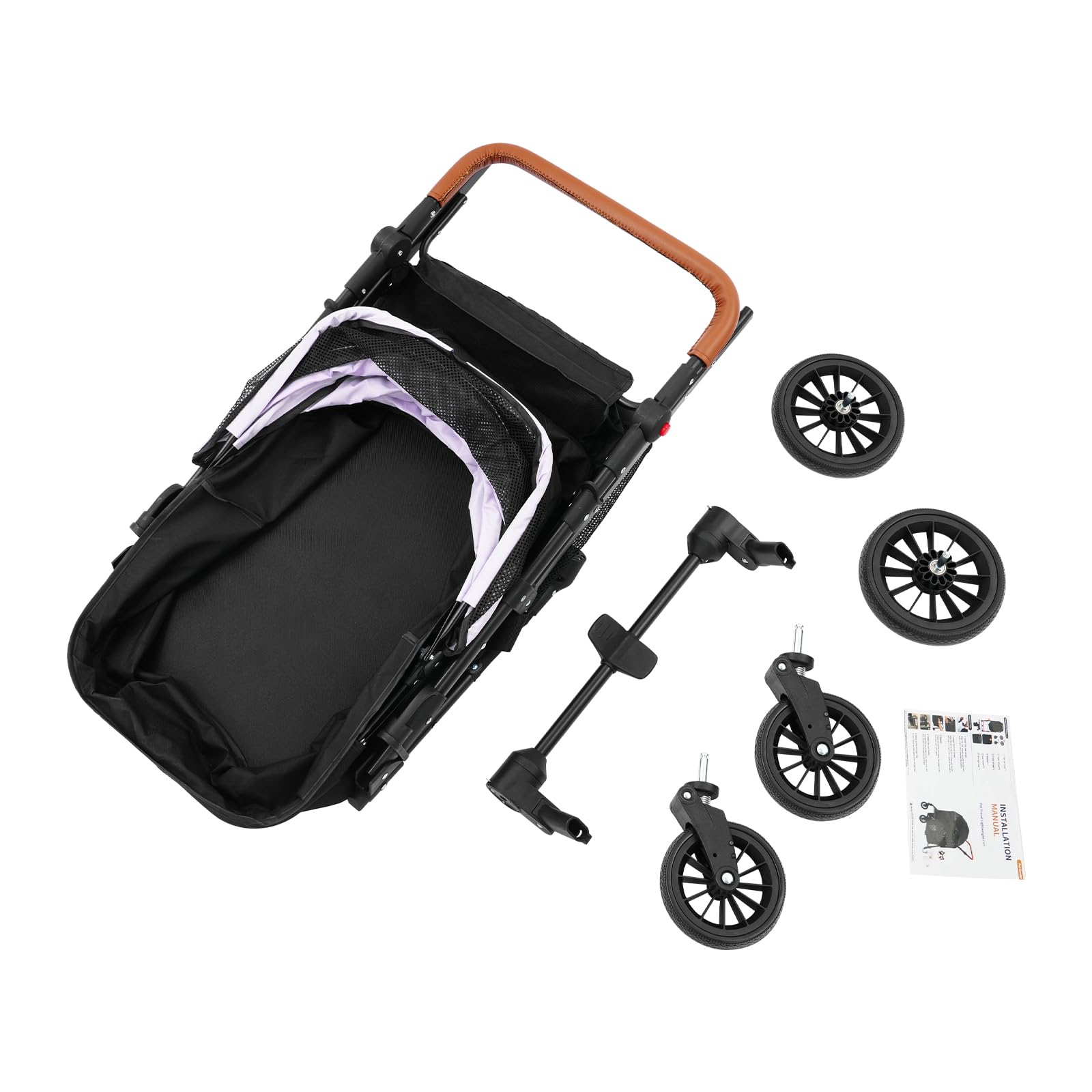 Carrello per cani 2 in 1, pieghevole con due scomparti separati, passeggino per animali domestici fino a 15 kg, con manico regolabile, per cani di piccola taglia e gatti (nero + viola)