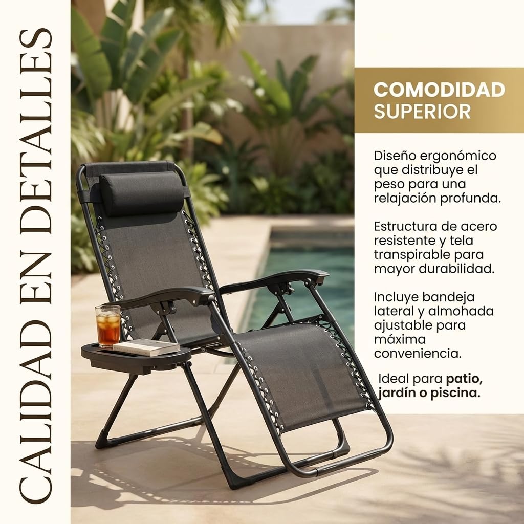 Tumbona Plegable para Exterior | Reposapiés y Cojín Ajustable | Silla Reclinable Bandeja Lateral para Bebidas, Móvil y Libros | para Terraza, Camping, Playa, Piscina (Negro) - 5
