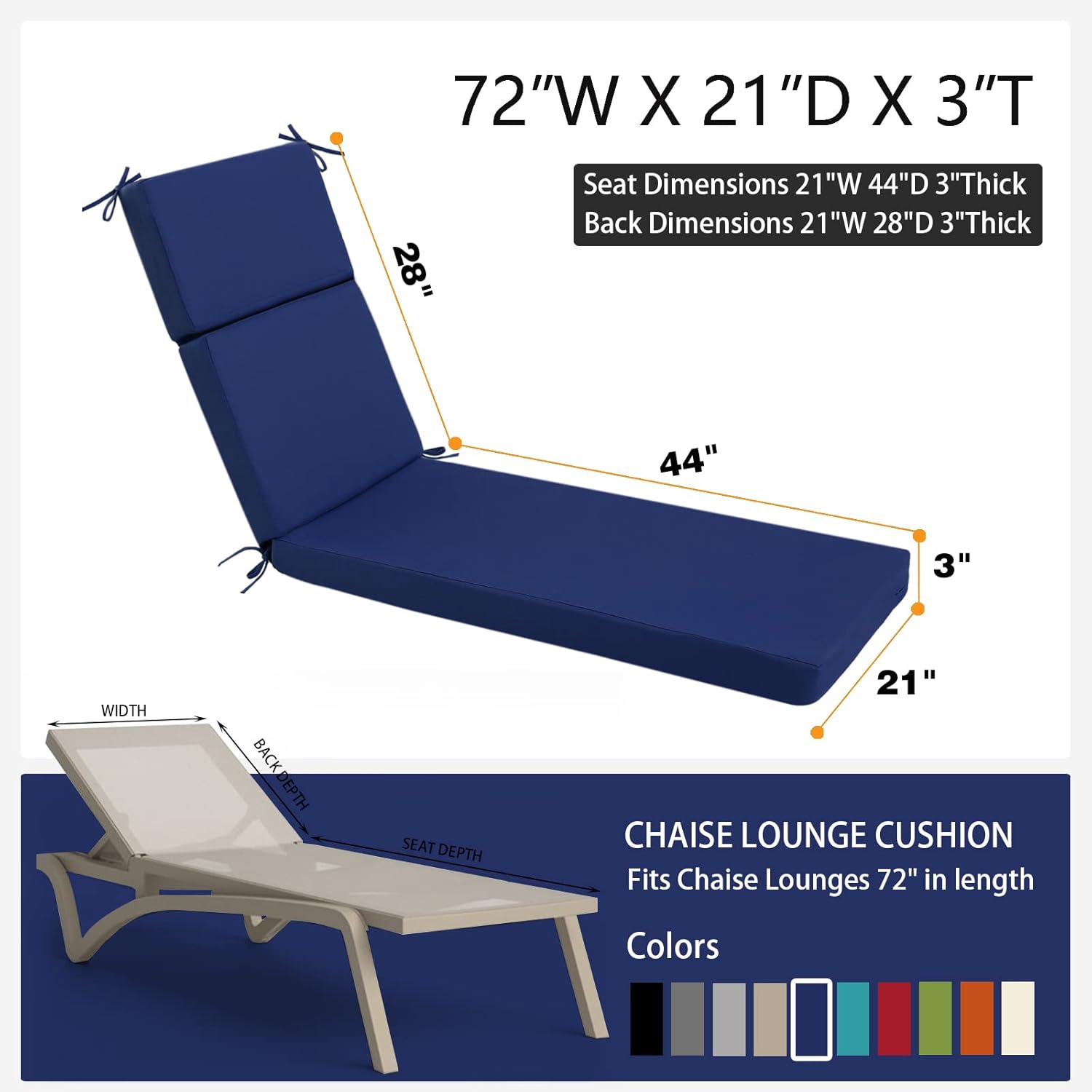 idee-home Chaise Lounge Cushions Outdoor, Lounge Chair Cushion Patio Furniture 72in.L x 21in.W x 3in.D Waterproof for Lawn Pool