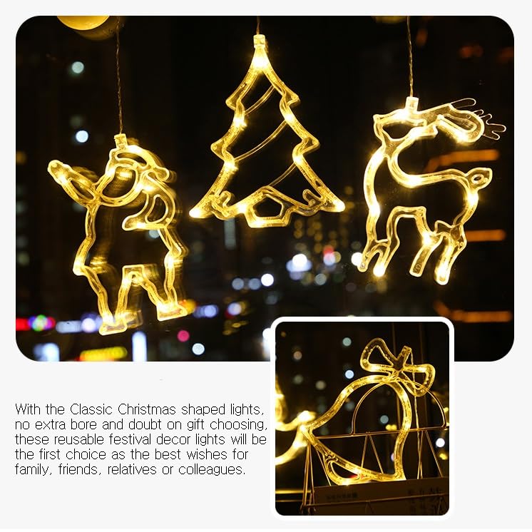 9pcs Luces de Ventana de Navidad, Luces de Cortina de Copo de Nieve de Navidad, Luces de Ventana de Navidad de Santa Claus, Luces de Cortina de Estrella de Navidad Blancas cálidas