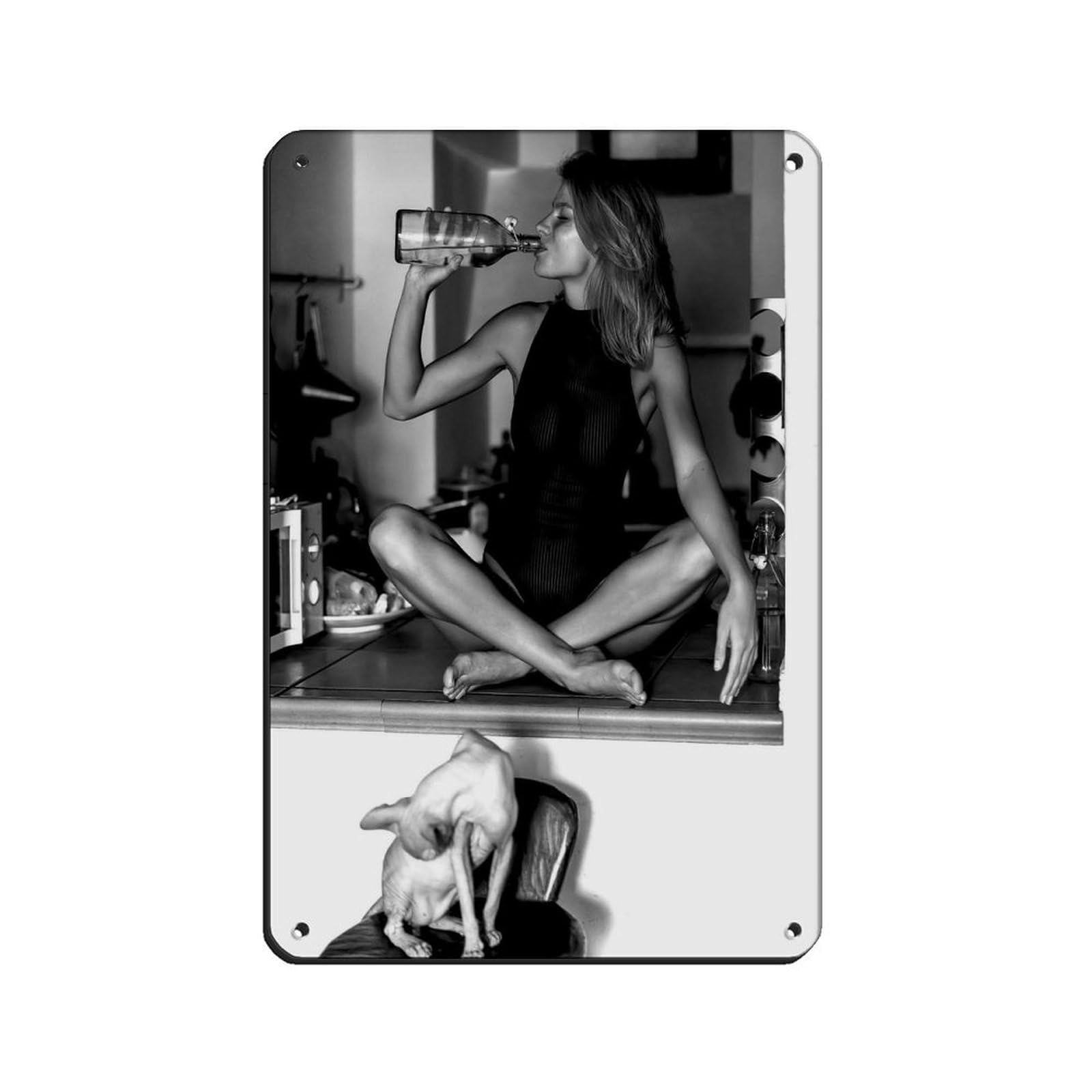 Woman Drinking Wine in The Kitchen Retro Poster Metal Tin Sign Chic Art Retro Iron Painting Bar People Cave Cafe Family Garage Poster Wall Decoration 8x12inch(20x30cm)