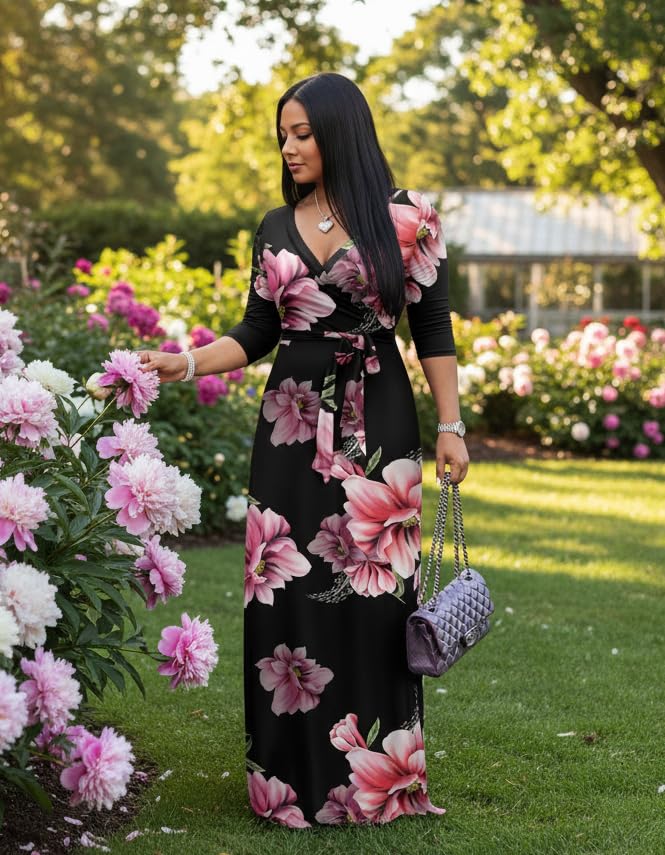 Image of FANDEE Plus Size Maxi Dress for Women Casual Summer Sundress V-Neck 3 /4 Sleeve