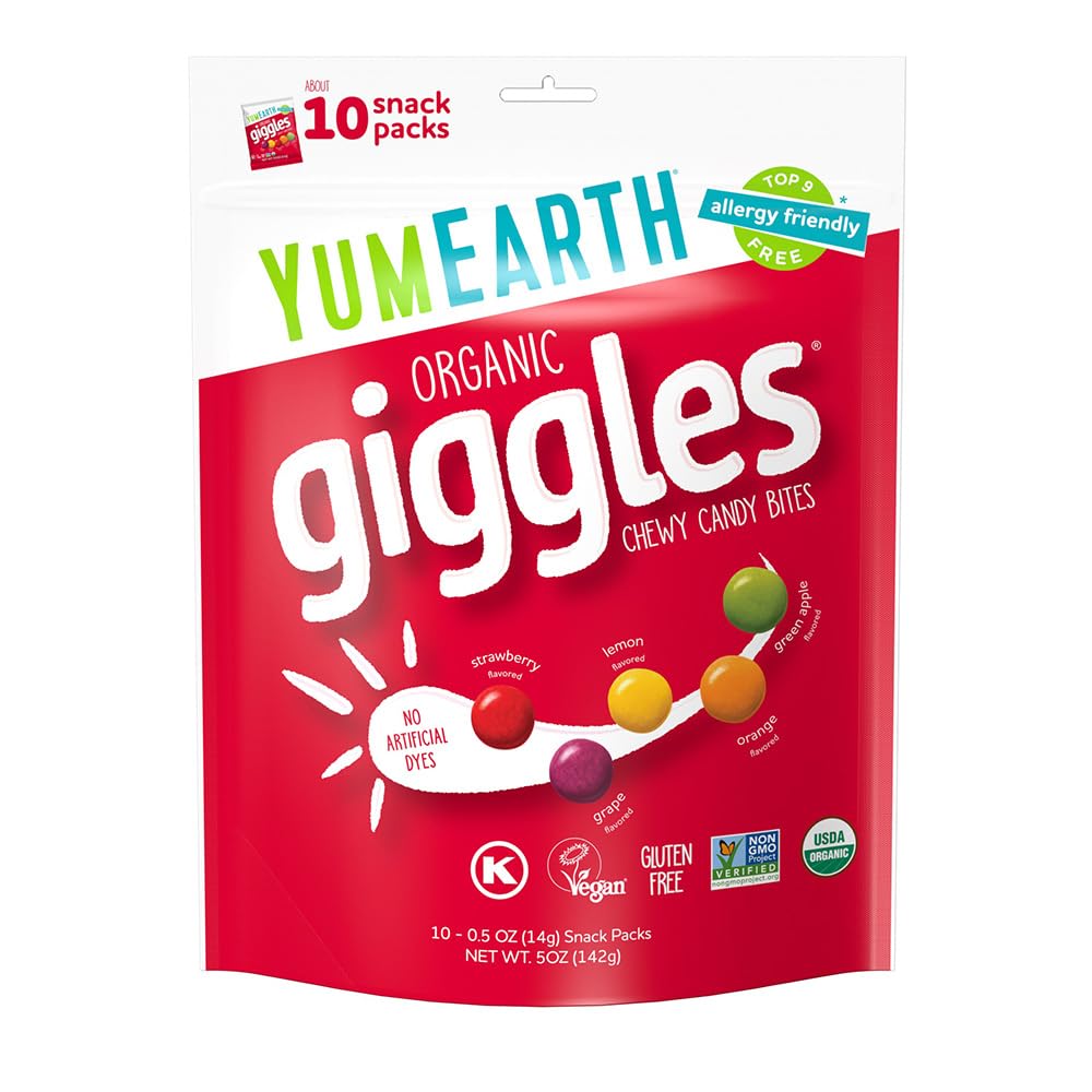 YumEarth Organic Giggles Chewy Candy - Allergy Friendly (Top 9 Free), No Artificial Dyes, Non GMO, Gluten Free, Vegan - Individually Wrapped Fruity Snack Packs - 0.5 Ounce (Pack of 10)