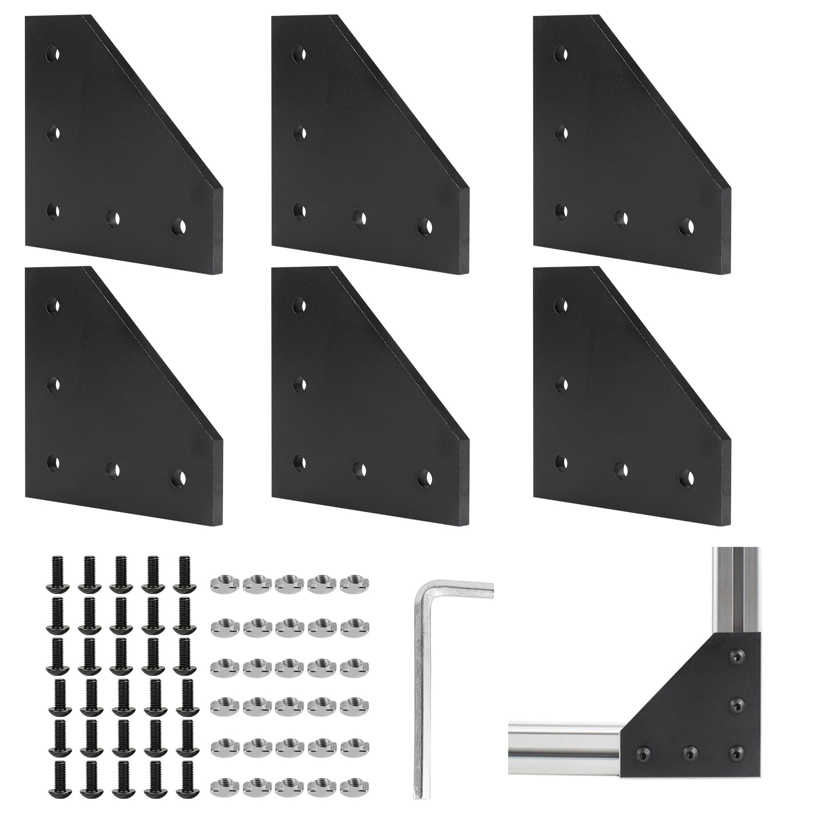 EXLECO 6Pcs Perfil Aluminio, 40 x 40 L Negro Escuadras Metalicas, Placa de Conexión de Aleación de Aluminio con Tornillos, para Ranura de 9 mm de Perfil
