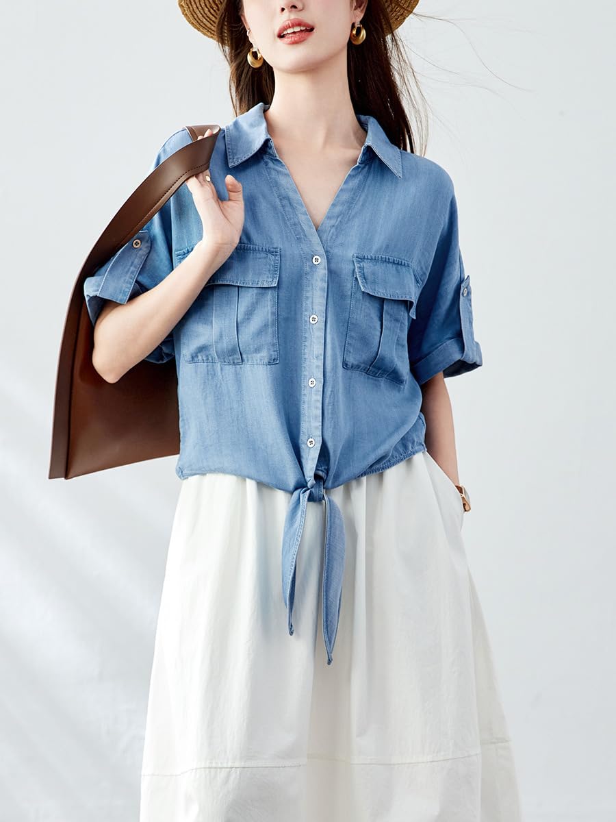 Chemise Oversize en Denim Doux Tencel pour Femme, Légère, À Manches Courtes Retroussables, Col À Revers, Fermeture Boutonnée, Ourlet Noué Et Poches, Idéale pour L'Été Le Travail A