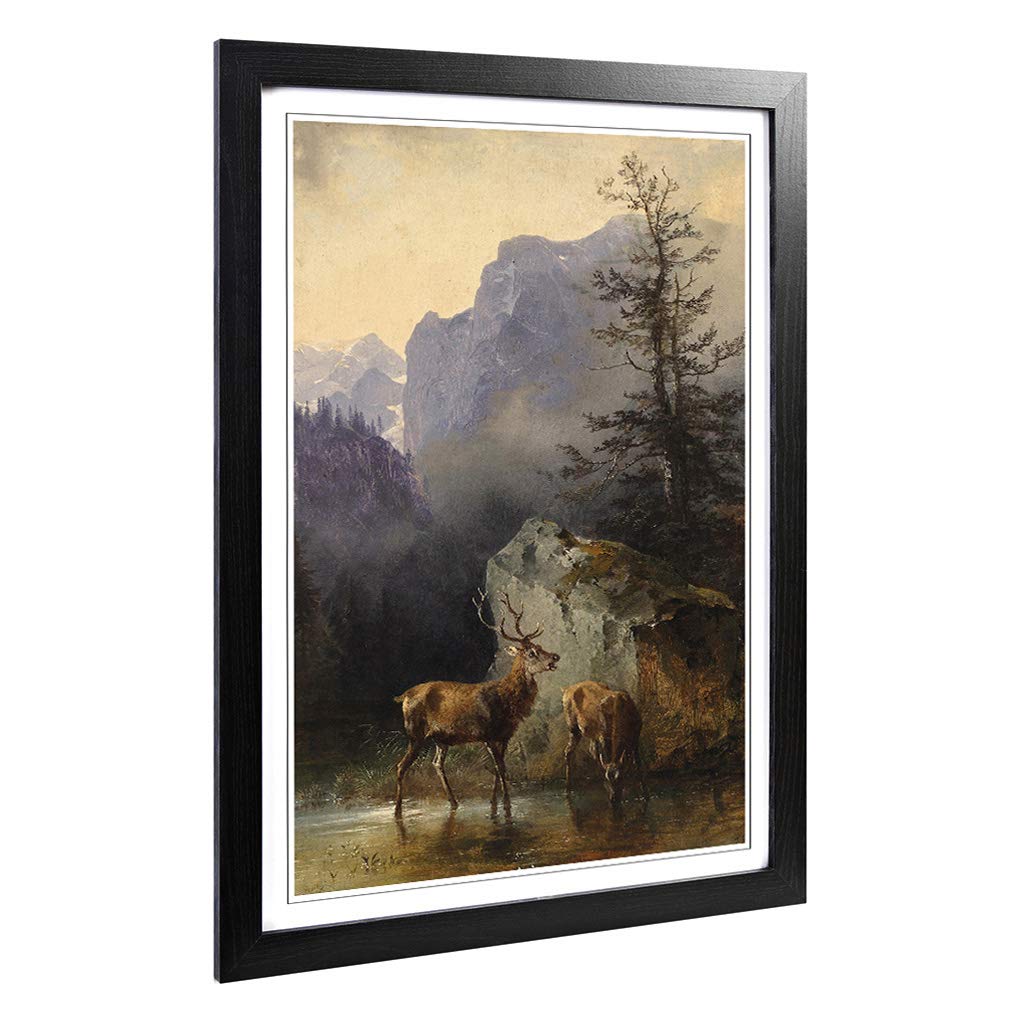 Big Box Art Framed Print of Friedrich Gauermann Deer and Stag Design | Wall Art Picture | Home Decor for Kitchen, Living Room, Bedroom, Hallway, Black, A2 / 24.5x18 Inch / 62x45cm