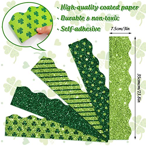 Image of Whaline 69 Ft St. Patrick's Day Glitter Bulletin Board Borders 5 Designs Shine Green Shamrock Clover Stripe Dot Border Trim Bulletin Board Stickers for Classroom Office Irish Party Decor
