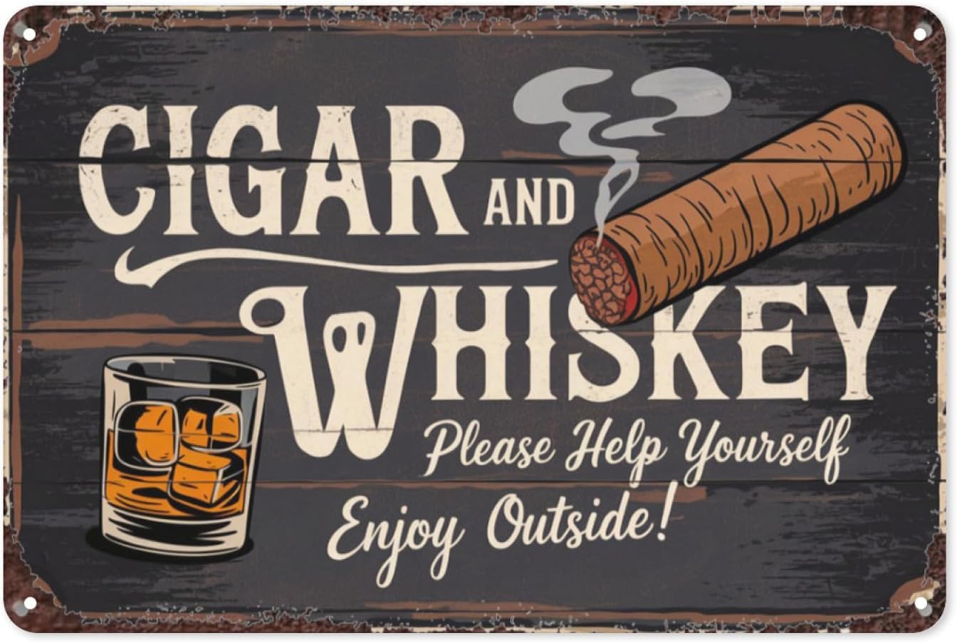 SMAZDFXX Cigar and Whiskey Please Help Yourself Retro Metal Sign - Vintage Smoking Room Tin Poster for Bar Study Decor, Rustic Gentleman's Club Wall Art Man Cave 5.5"x8"