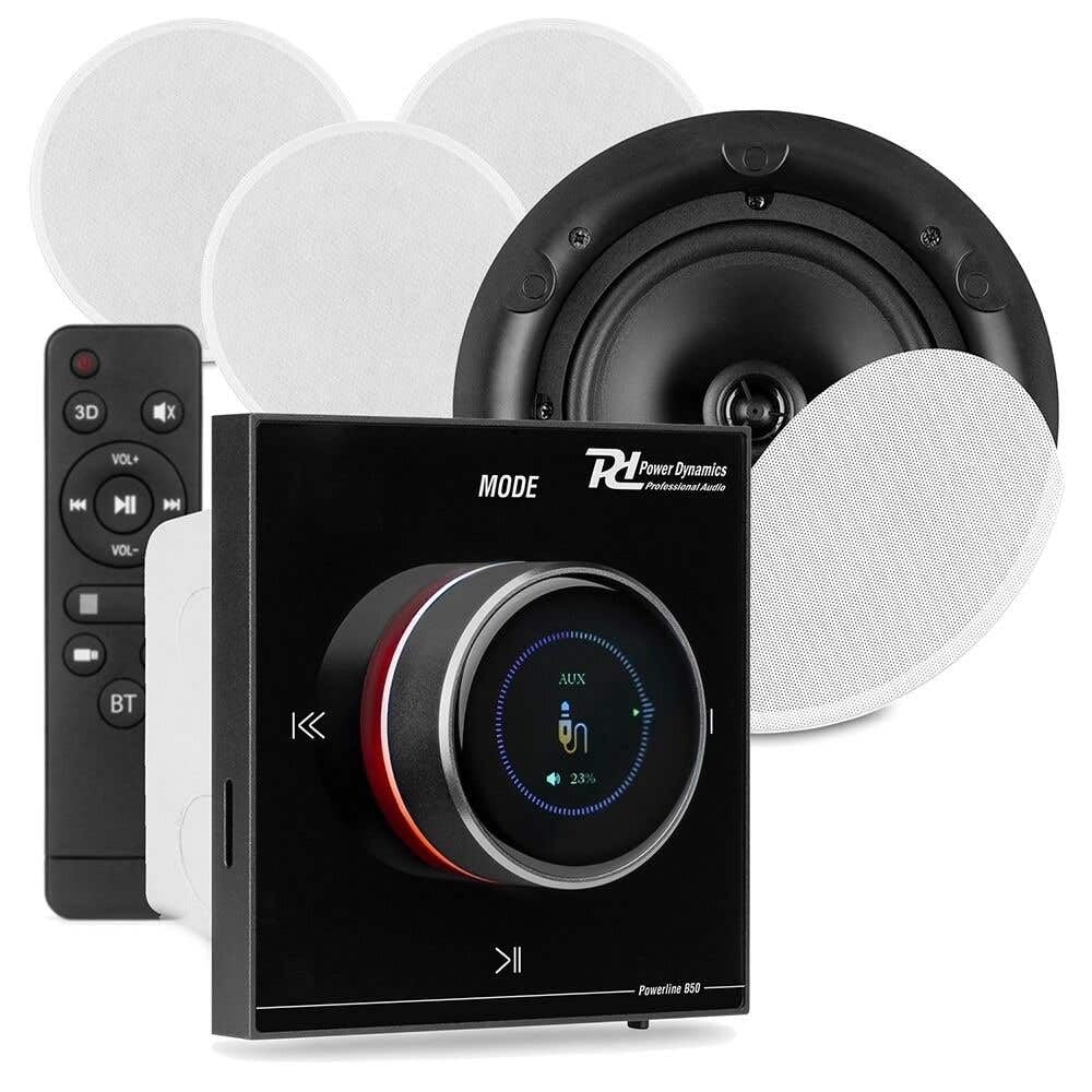 Power Dynamics Powerline B100BSet Amplificateur Mural Stéréo 4x25W Noir avec 4 Enceintes de Plafond 6,5" Blanches, Installation Discrète, Idéale Maison et Pro