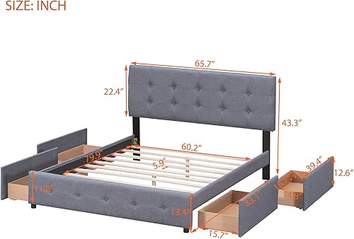 Miniatura 2 de Marco de cama tapizado moderno tamaño Queen con cabecera clásica y 4 cajones plataforma con soporte de listones de madera maciza no necesita somier