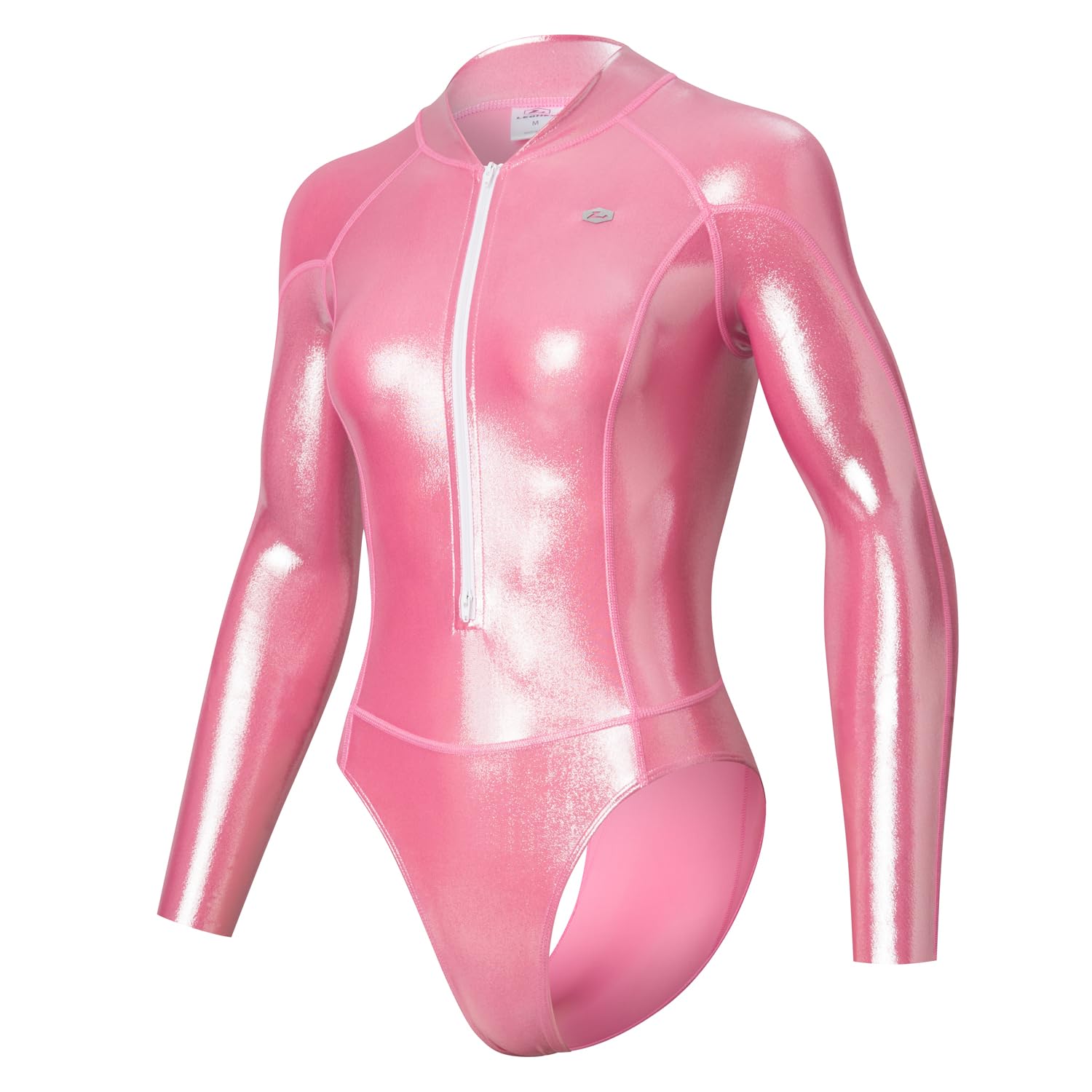 LEOHEX Damen Langarm Badeanzug Super Glänzend Sexy Rash Guard Reißverschluss Surfanzug Mit Hohem Kragen Taucheranzug