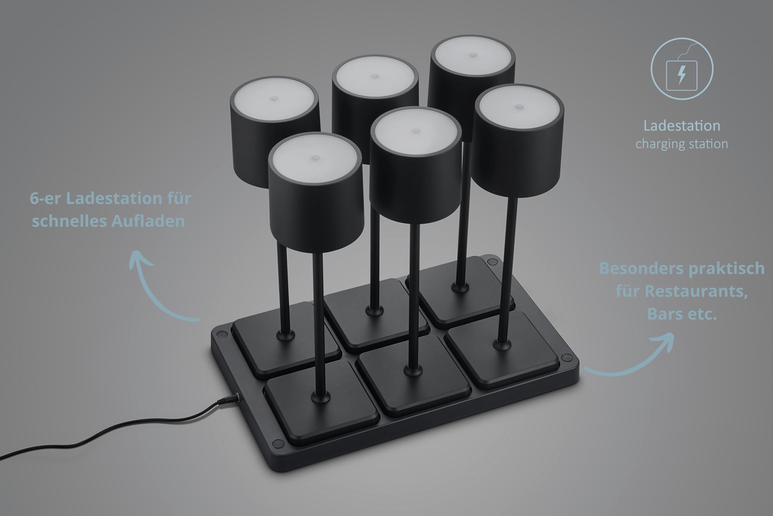 6er Set LED Tischlampe Fernando, Akku Design Tischleuchte (inkl. 6er Ladestation), Indoor & Oudoor IP54, per Touch stufenlos dimmbar, 13 x 38 cm, Kunststoff, 1W, schwarz matt