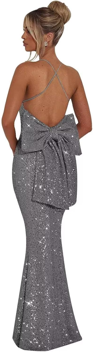 Mermaid Sequin Prom Dresses for Women 2026 Spaghetti Strap Sparkly Backless Long Formal Evening Party Gowns with Bow
