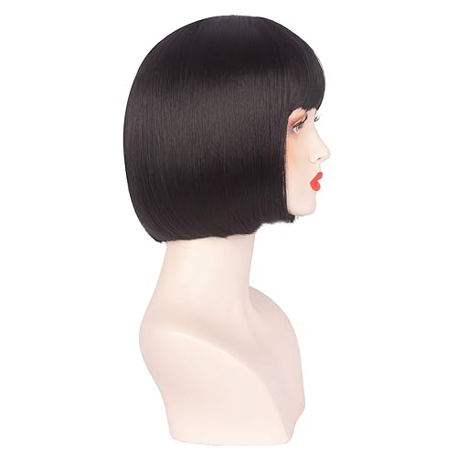 Miniatura 7 de Peluca corta negra con flequillo para mujer, sintética, colorida, para cosplay, uso diario, fiesta, estilo flapper, aspecto natural (10 pulgadas)