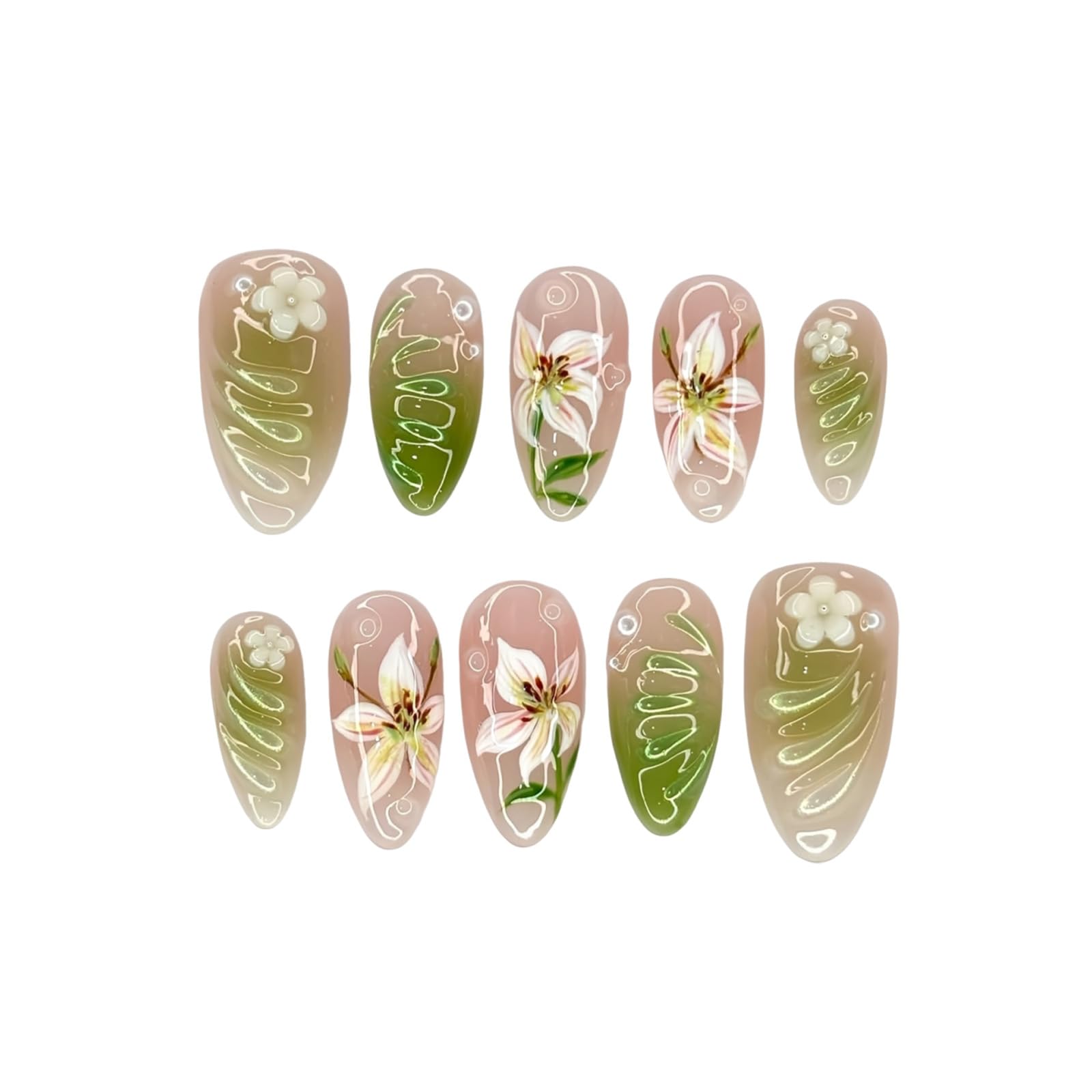 30-Piece Press On Nails, Fake Nails with Lily 3D Flower Design, ABS Stick On Nail Extensions for Women-image-25