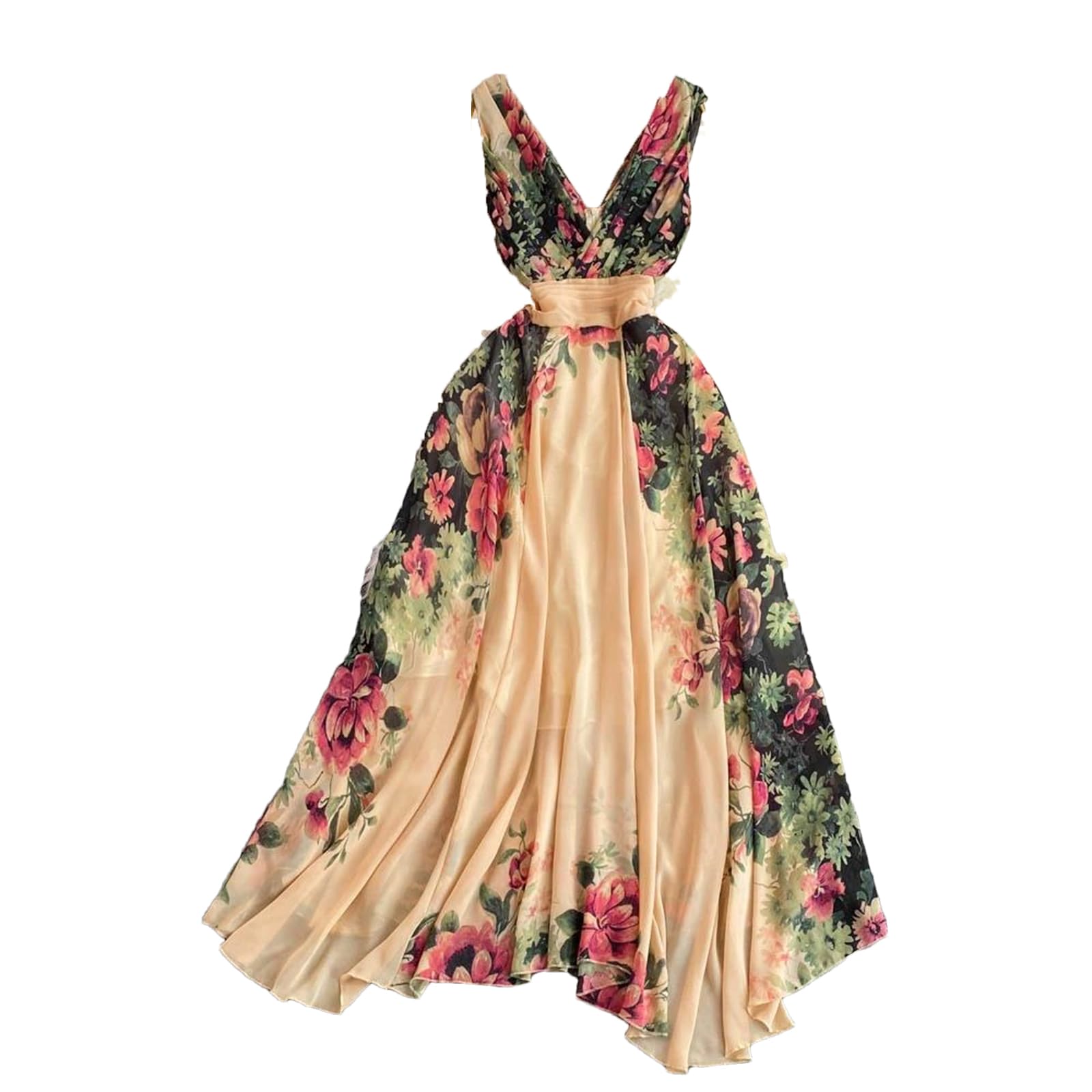 UIOKLMJH Vestido largo midi con estampado floral para mujer, vestidos de gasa sin mangas para mujer