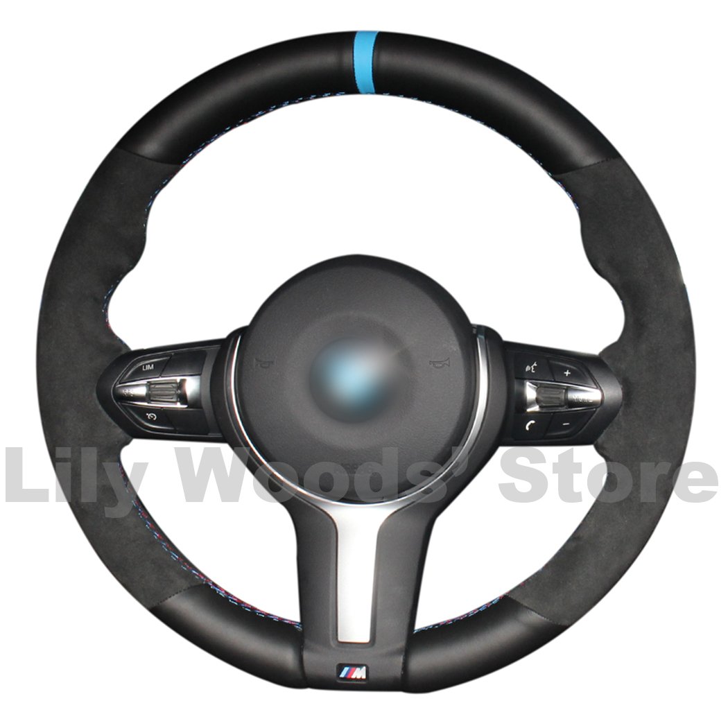 Loncky Black Suede and Black Genuine Leather Steering Wheel Cover for BMW 328d 535d / 330e / M2 M3 M4 M5 M6 M235i M240i / X1 X3 X4 X5 X6 X5M X6M / Active Hybrid 3 Active Hybrid 5