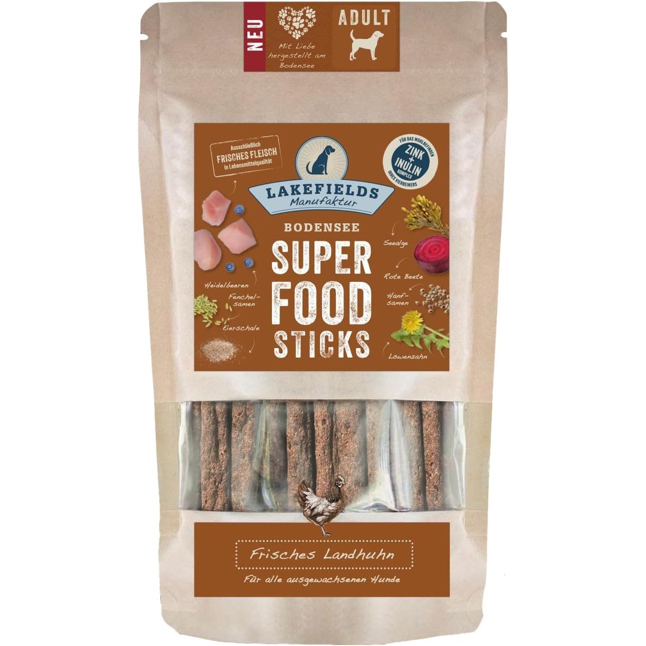 LAKEFIELDS MANUFAKTUR - SUPERFOOD - Premium Hunde Sticks vom Landhuhn, Hunde Snacks mit Hühnerfleisch 61%, Hanfsamen & Heidelbeeren, 1 x 130 g, Größe:8 x 130 g