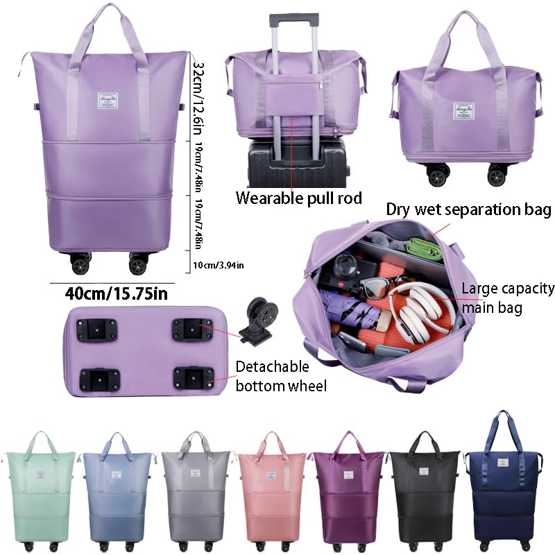 Image of Yatee Foldable Trolley Travel Bag with Wheels for Women & Men, Expandable Rolling Duffel Bag, Large Capacity Lightweight Luggage, Waterproof Carry Tote with Detachable Wheels for Travel
