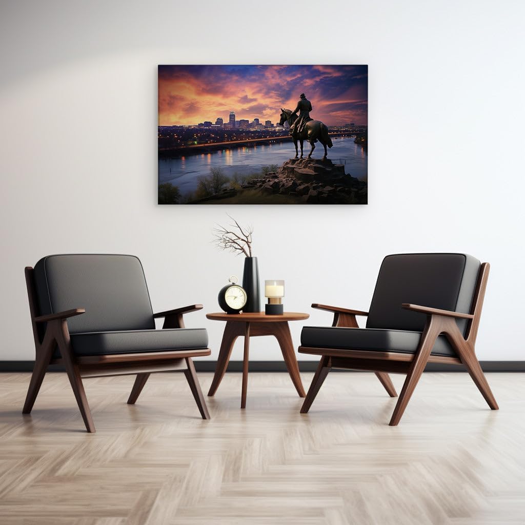 Canvas for Living room. Rider at Dusk: Capturing the Essence of Serenity amidst Urban Splendor, 27 x 18 inch Canvas Wall Art - Contemporary Masterpieces - Modern Home Decor