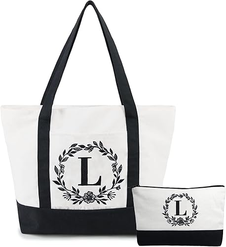 BeeGreen Bolsa de lona con inicial con bolsa de maquillaje para mujer, regalos personalizados para cumpleaños y madre