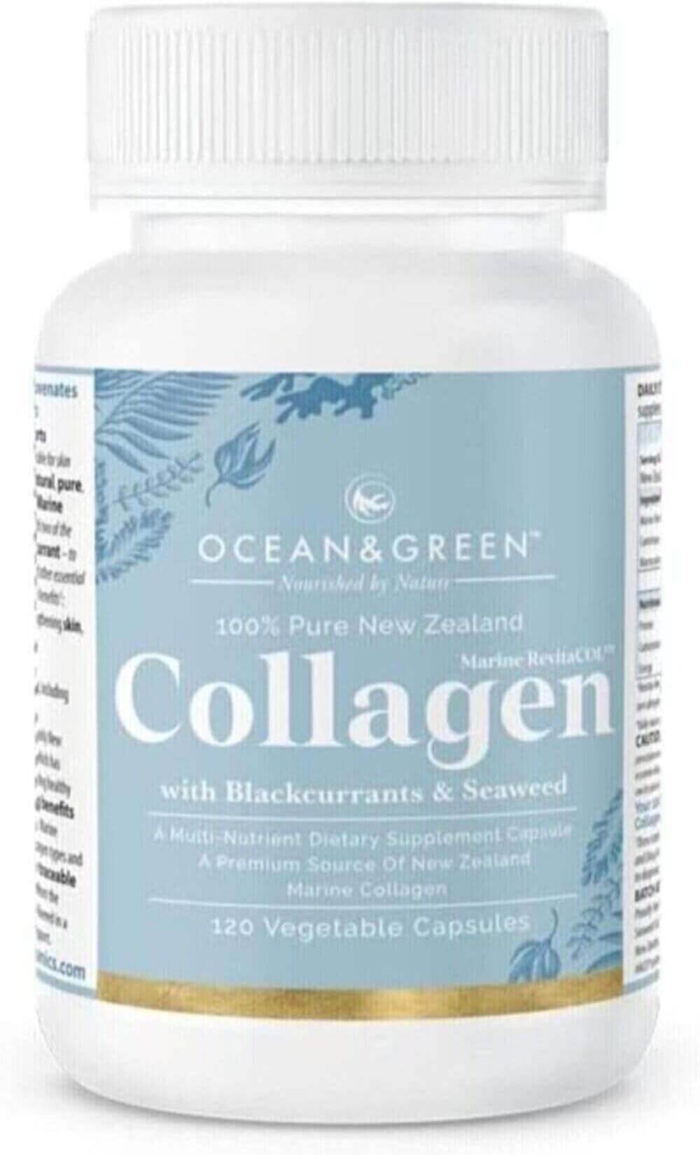 Ocean & Green 100 Pure Marine Collagen Supplements New Zealand | Multi-Nutrient Dietary Supplement | Premium Source of NZ Marine Collagen with Blackcurrants & Seaweed | 120 vege caps