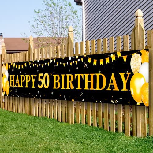 Moocuca 50 Ans Deco Anniversaire Banniere, Décoration Fête 50e Anniversaire Homme Femme, Bannière Toile de Fond Anniversaire, Banderole Joyeux Anniversaire, Fête Tissu Affiche Toile de Fond(50*300cm) Cover
