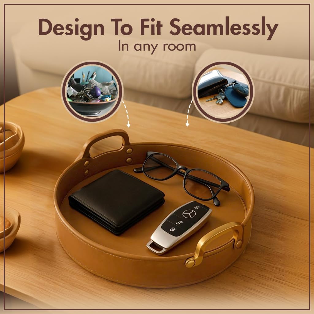 Stitched Round Leather Tray with Brass Handle Ideal for Serving Coffee Drinks Ottoman Tray for Office Home Kitchen Snack Counter Centerpiece Storage (Light Brown (14" x 14")) - Image 4