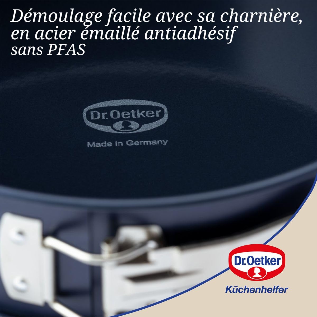Dr.Oetker 1100 Moule à manqué à charnière de 26 cm étanche, Moule à charnière Fond en émail renforcé, Acier, Email, Bleu, 26 cm
