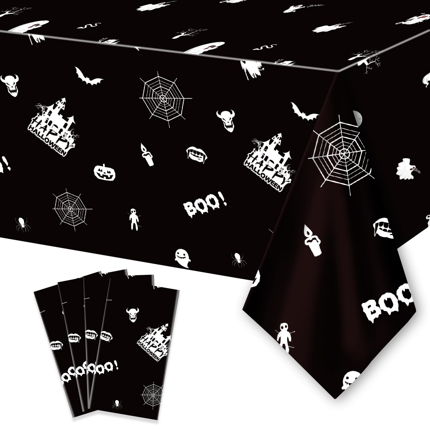 Photo 1 of 2 PACK***Aviski 4PCS Halloween Disposable Tablecloth, 108" x 54" Rectangular Plastic Waterproof Halloween Tablecover with Cobweb Castle Bat Ghost, Haunted House/Ghost Themed Party Party Decoration Supplies
