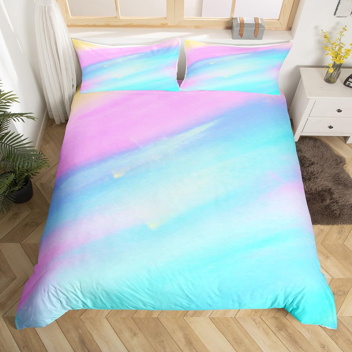 Feelingyou Girls Cyj7192 Watercolor Rainbow Comforter Quilt Cover Single, Pastel Tie Dye Design Bedding Set, Modern Fashion Colorful Duvet Cover For Women Bedroom Decorations, Multicolor